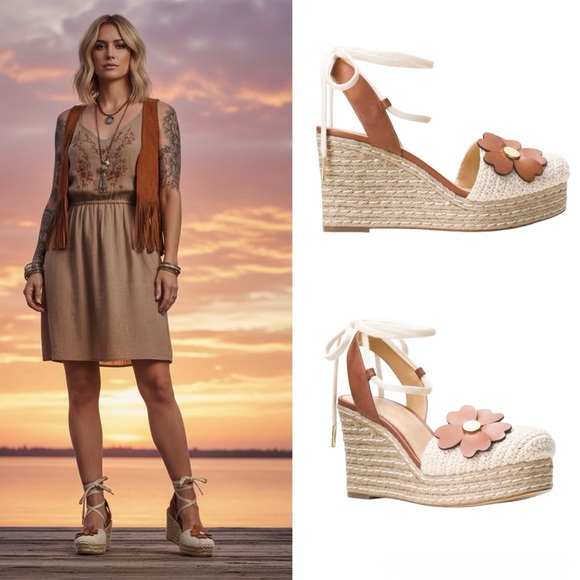 Michael Kors Shoes - Michael Kors Women’s Kit Closed Toe Macrame and Jute Wedge With Floral Appliqué